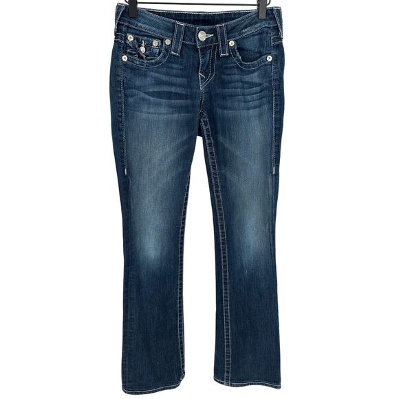 True Religion Boot Cut Jeans Embellished Button Pockets Low Rise Dark Wash 25 - Picture 1 of 12